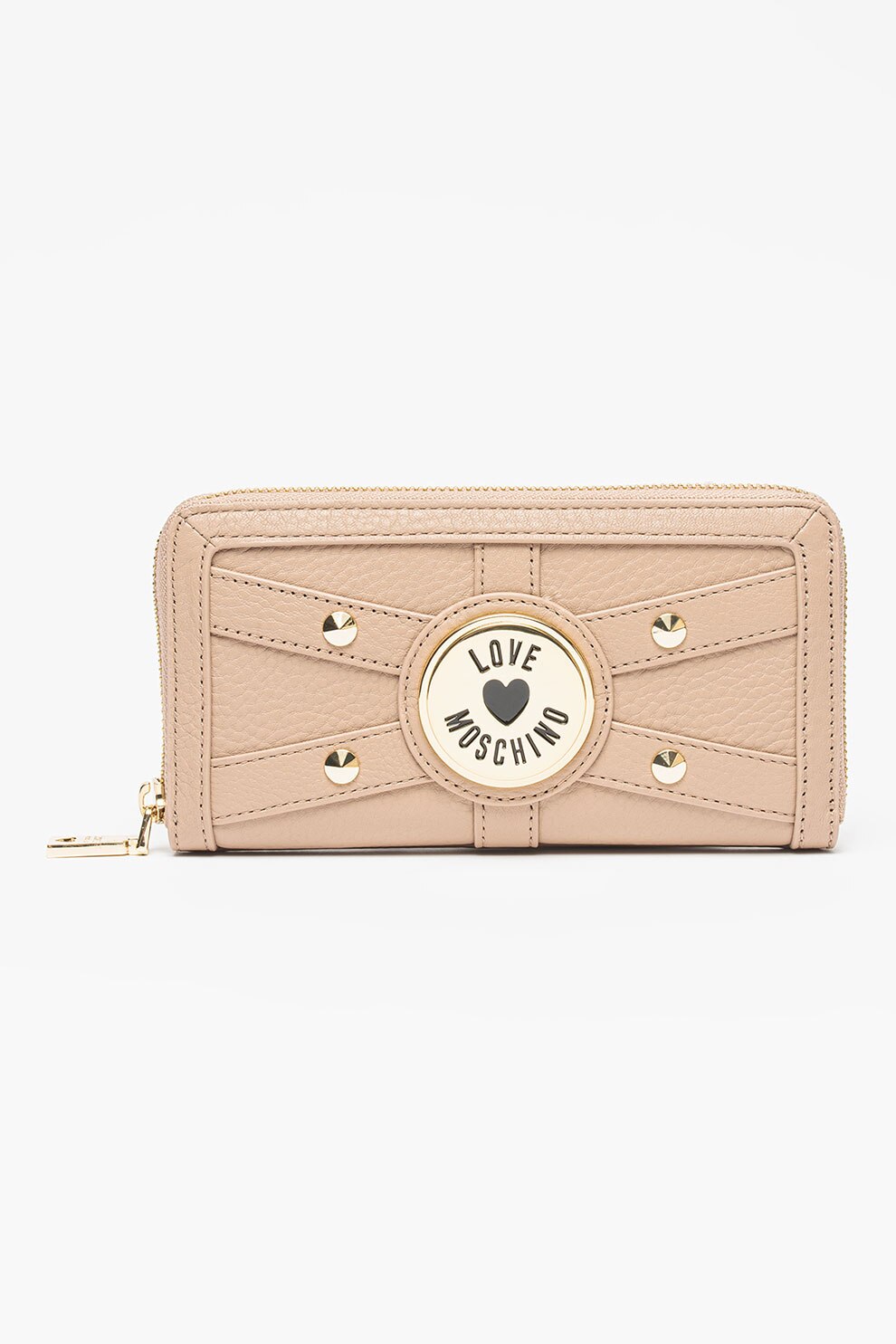 Love Moschino, Portofel de piele cu fermoar si logo, Bej