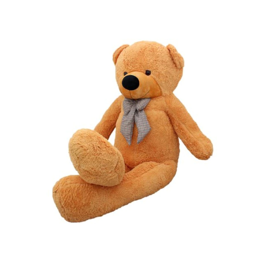 Ursulet din plus cu fundita in carouri, maro, 80cm