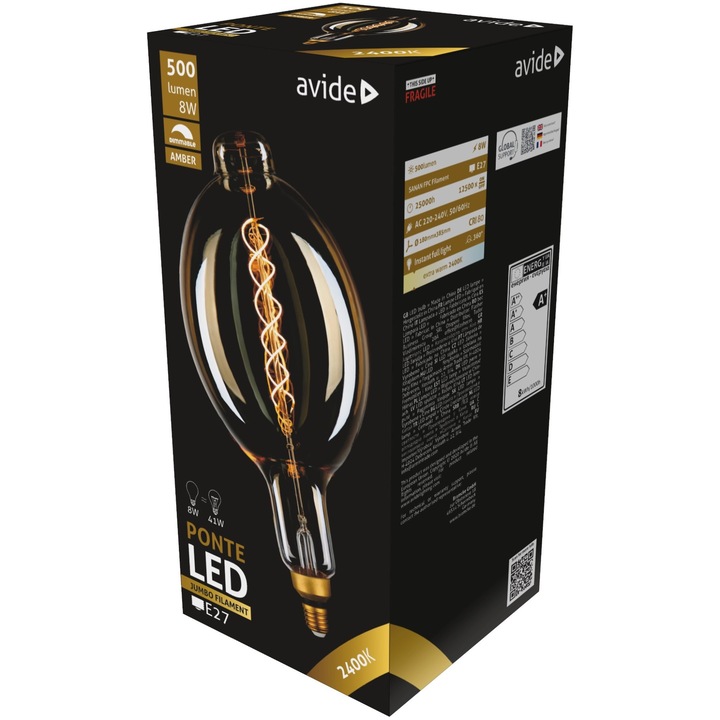 Avide LED izzó Jumbo Filament Ponte 180x385mm Amber 8W E27 2400K Dimmable