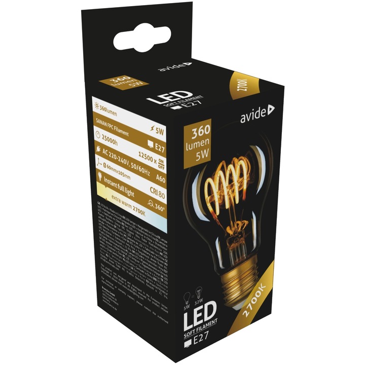 Avide LED izzó Soft Filament Globe 5W E27 360° EW 2700K