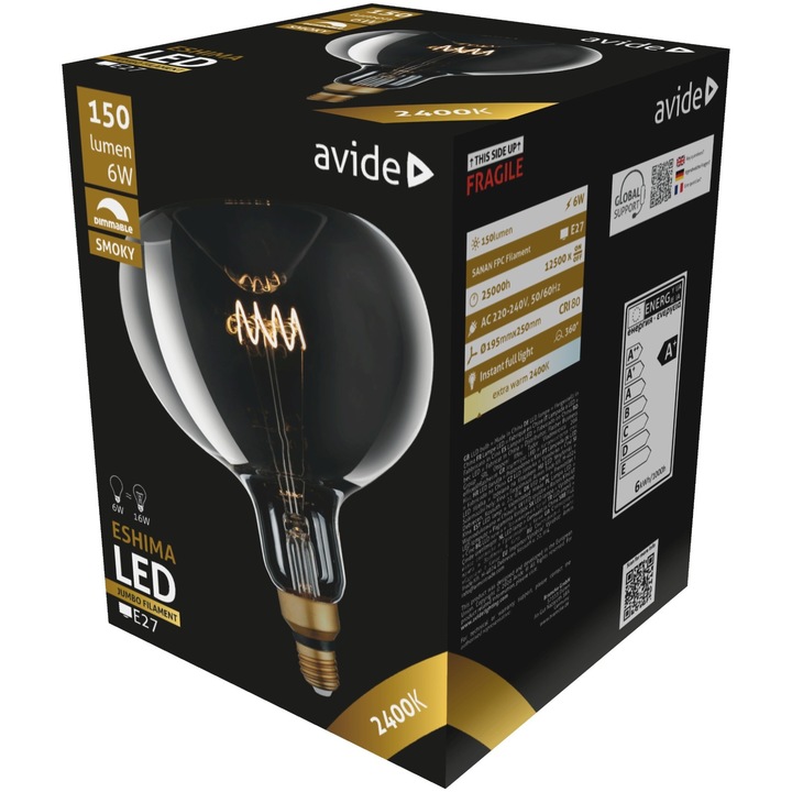 Avide LED izzó Jumbo Filament Eshima 190x255mm Smoky 6W E27 2400K Dimmable
