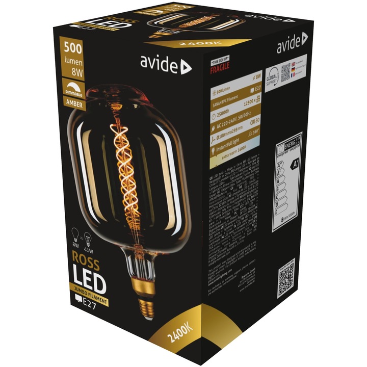 Avide LED izzó Jumbo Filament Ross 180x295mm Amber 8W E27 2400K Dimmable