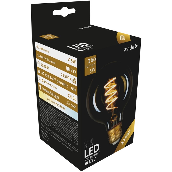 LED крушка Avide, Soft Filament, G80, 5 W, E27, 360°, EW, 2700K