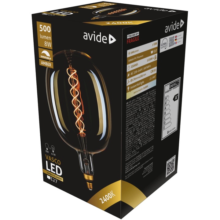 Avide LED izzó Jumbo Filament Vasco 170x285mm Amber 8W E27 2400K Dimmable