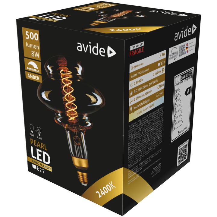 Avide LED izzó Jumbo Filament Pearl 160x210mm Amber 8W E27 2400K Dimmable