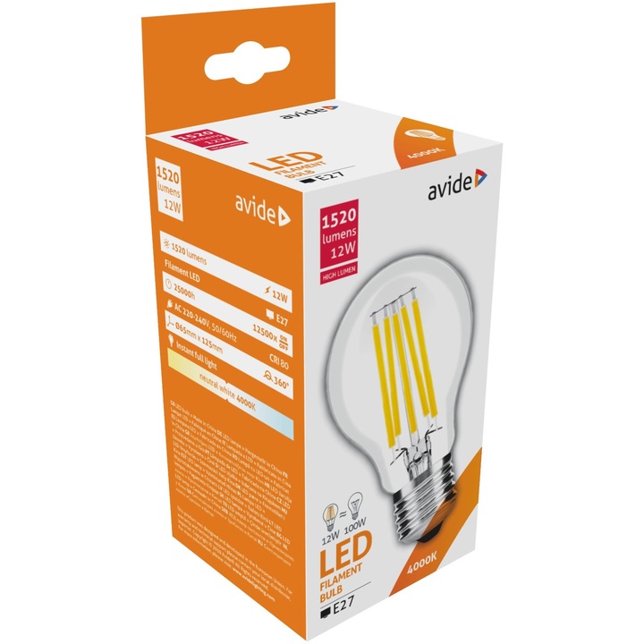 Avide LED izzó Filament Globe 12W E27 A65 360° NW 4000K High Lumen