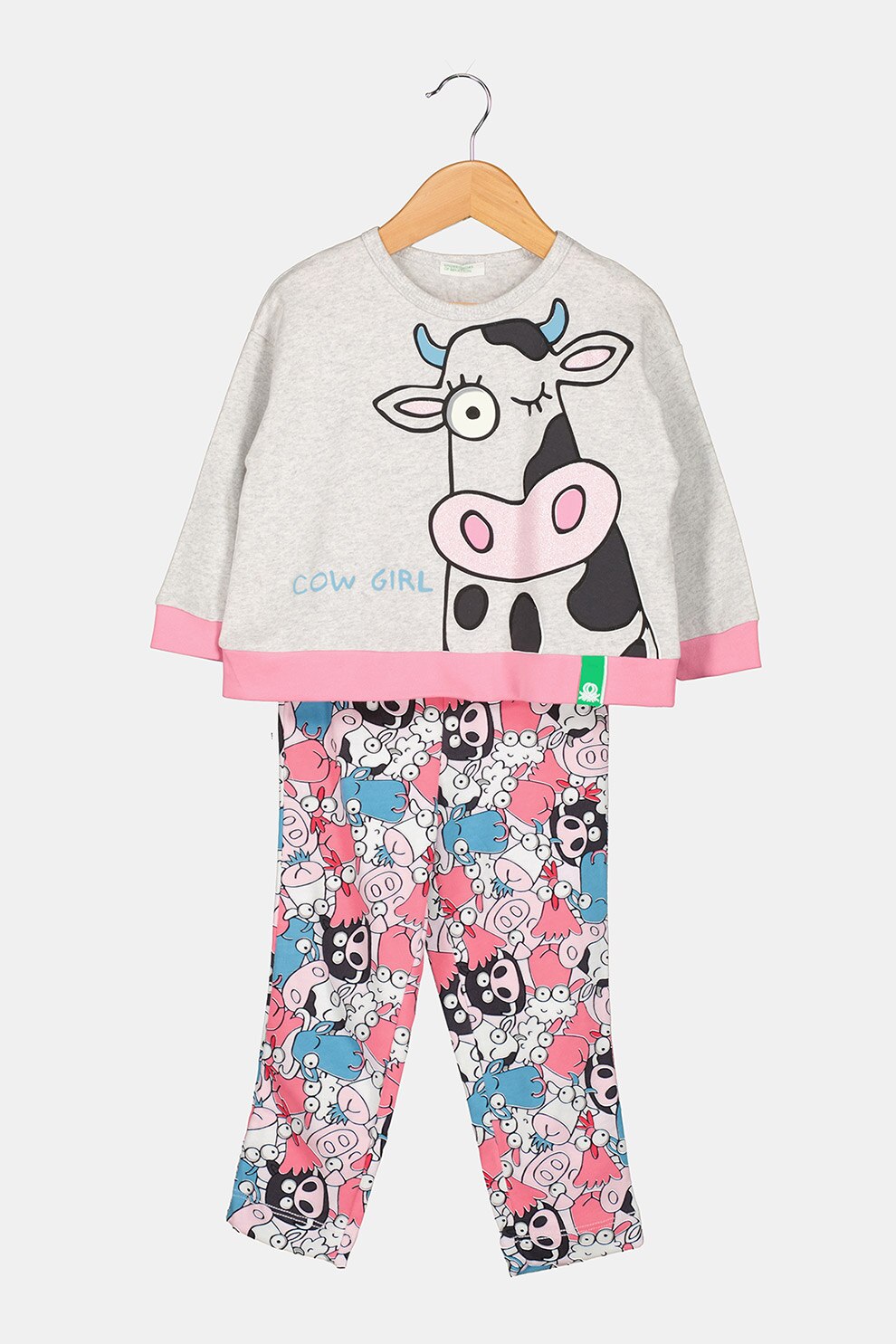 United Colors of Benetton Underwear , Pijama cu decolteu la baza gatului, cu model grafic, Gri melange/Roz/Albastru