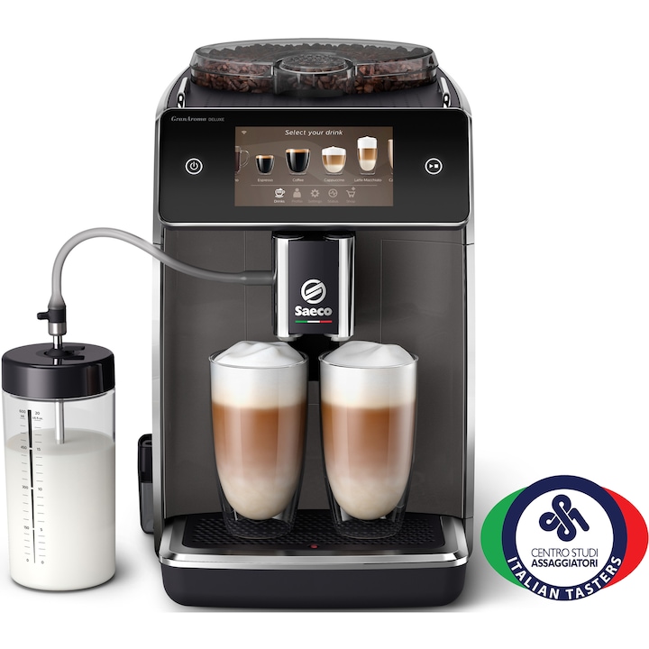 Кафеавтомат Saeco GranAroma Deluxe, 18 специалитета за кафе, 5" цветен сензорен екран, 6 потребителски профила, 3 предварително зададени вкусови профила с CoffeeMaestro, Свързаност, Керамична мелница с 12 стъпки за смилане, Черен