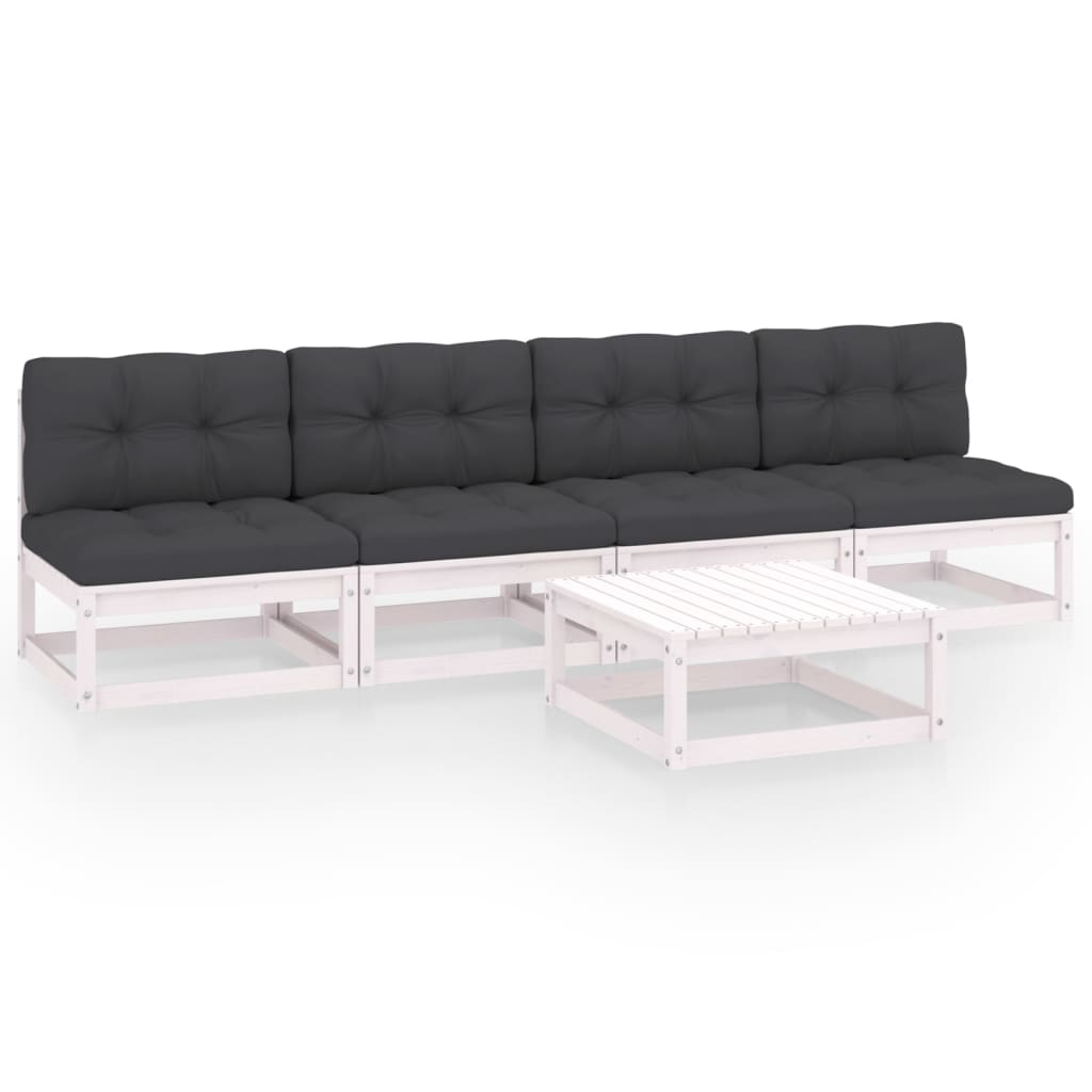 Set mobilier de terasa 5 piese canapea cu perne sezut spatar si masuta cafea, vidaXL, Lemn de pin, Alb/Perne antracit