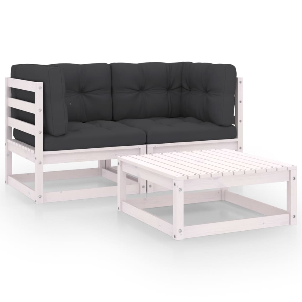 Set mobilier de terasa 3 piese canapea cu perne si masuta, vidaXL, Lemn masiv de pin, Alb-perne Antracit