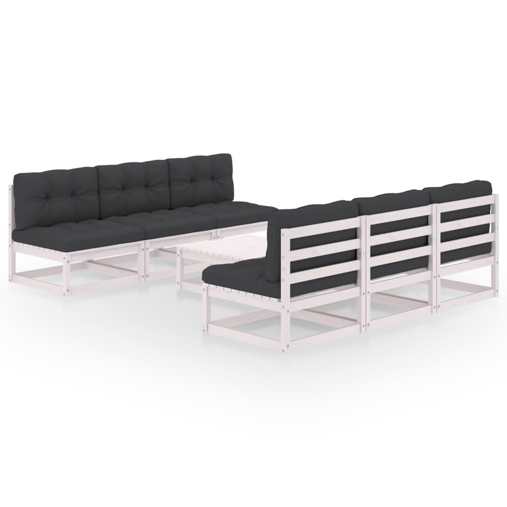 Set mobilier de terasa 7 piese canapele cu masuta cafea, si perne, vidaXL, Lemn de pin, Alb si perne antracit