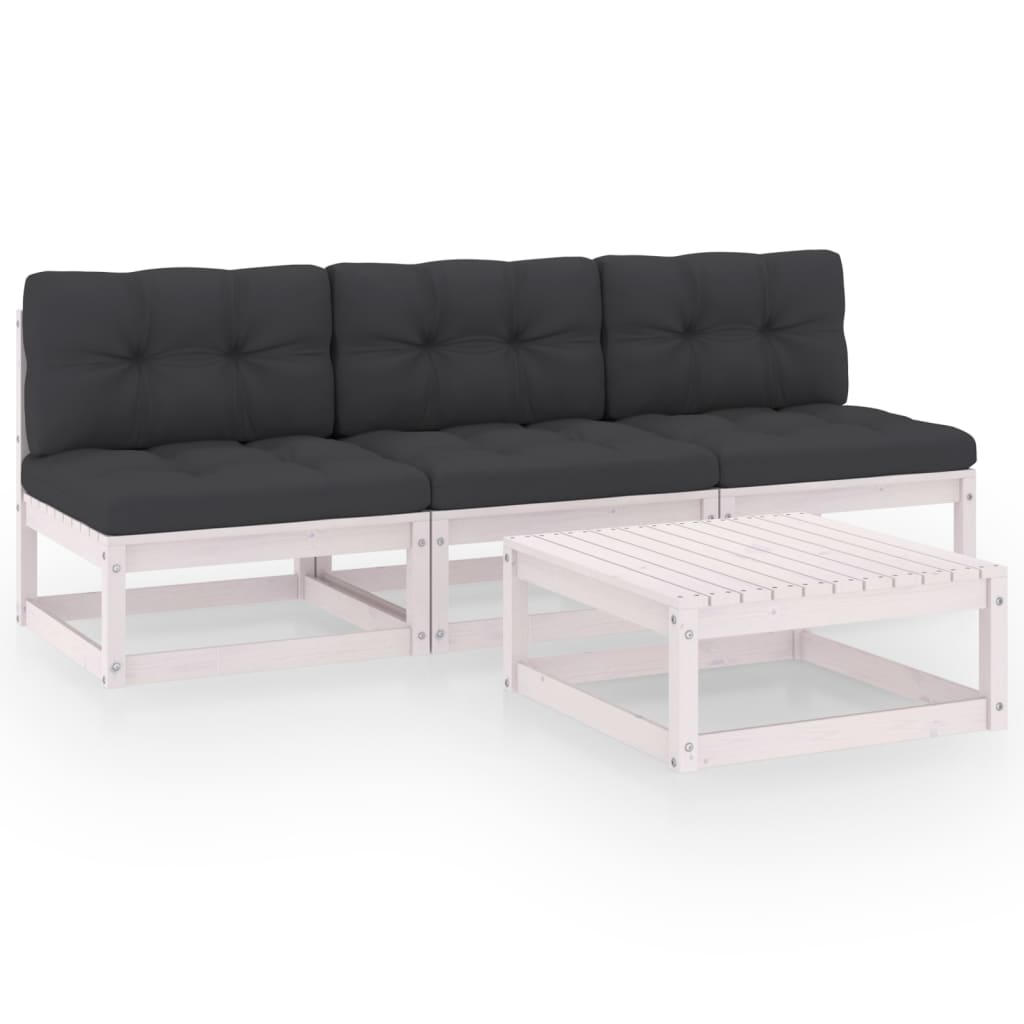 Set mobilier de terasa 4 piese canapea cu masuta cafea, si perne, vidaXL, Lemn de pin, Alb si perne antracit