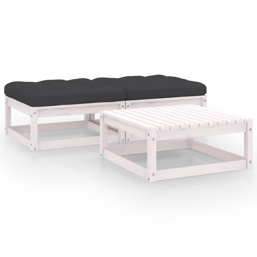 Set mobilier de terasa 3 piese canapea cu masuta cu perne, vidaXL, Lemn masiv de pin, Alb-perne Antracit