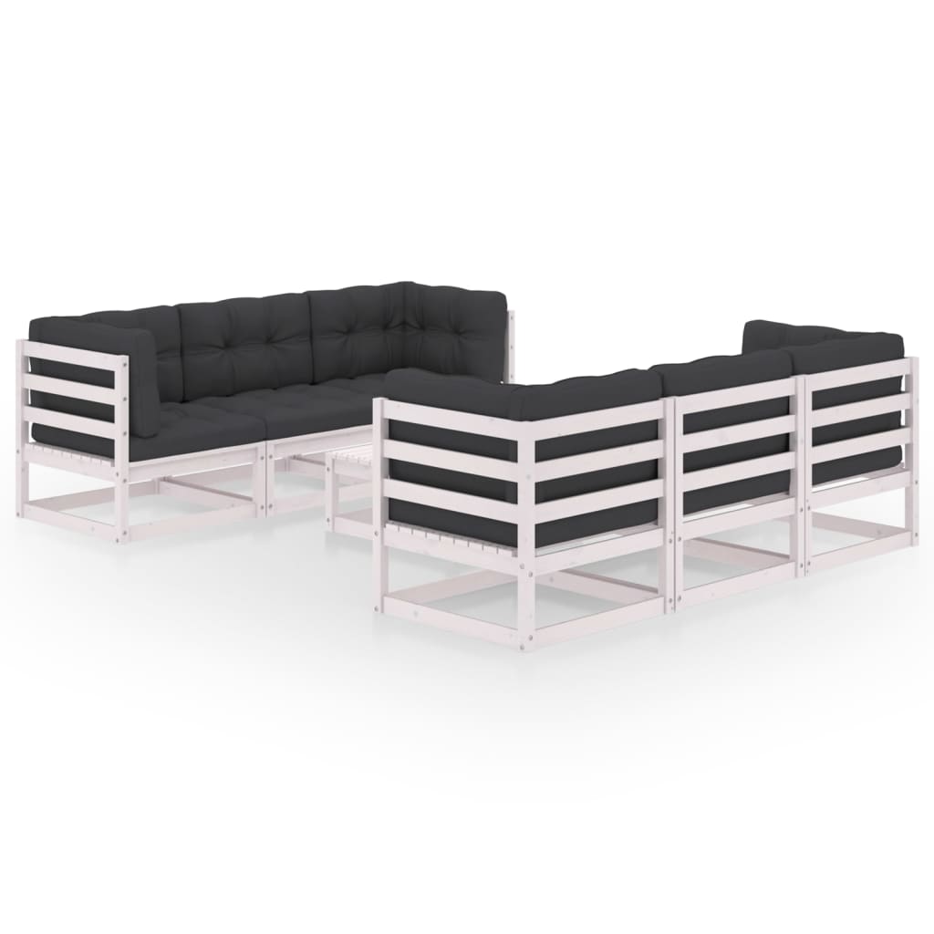 Set mobilier de terasa 7 piese canapele cu masuta cafea si perne, vidaXL, Lemn de pin, Alb si perne antracit