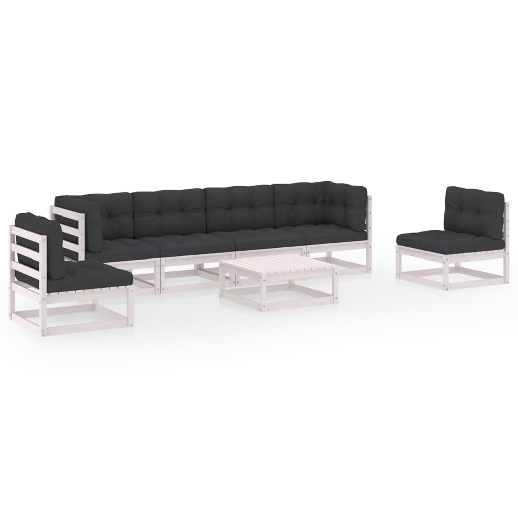 Set mobilier de terasa 7 piese canapea cu 2 fotolii si masuta, vidaXL, Lemn masiv de pin, Alb si perne antracit