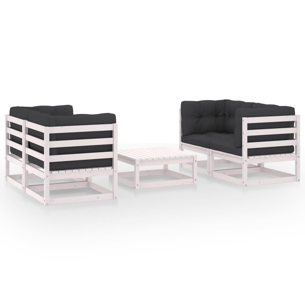 Set mobilier de terasa 5 piese canapele cu perne si masuta, vidaXL, Lemn masiv de pin, Alb-perne Antracit