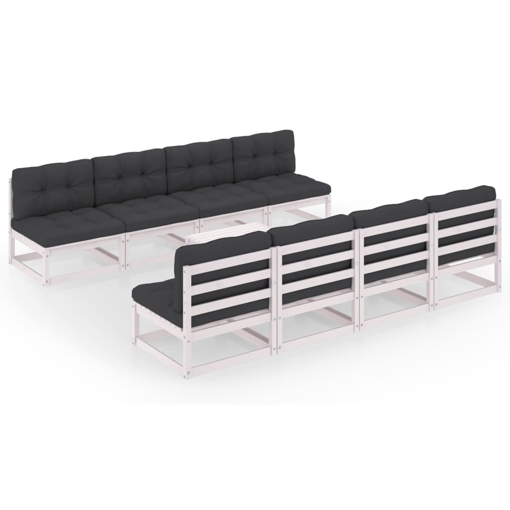 Set mobilier de terasa 9 piese canapele cu perne sezut spatar si masuta cafea, vidaXL, Lemn de pin, Alb/Perne antracit