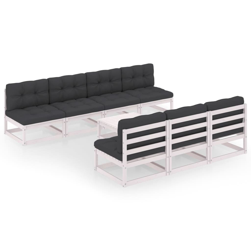Set mobilier de terasa 8 piese canapele cu perne sezut spatar si masuta cafea, vidaXL, Lemn de pin, Alb/Perne antracit