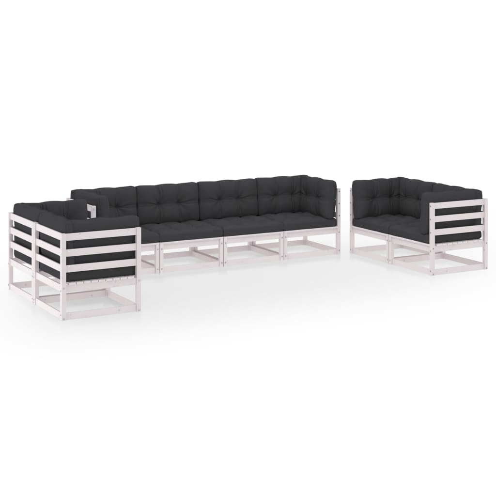 Set mobilier de terasa 8 piese set de 3 canapele, vidaXL, Lemn masiv pin-Poliester, Alb/Perne antracit