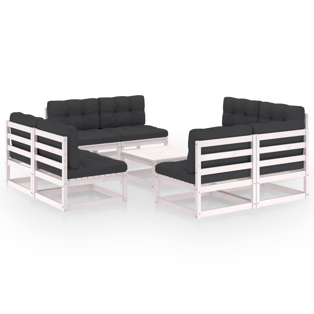 Set mobilier de terasa 9 piese - canapele cu perne sezut si spatar si masuta cafea, vidaXL, Lemn masiv de pin, Alb/Perne Antracit
