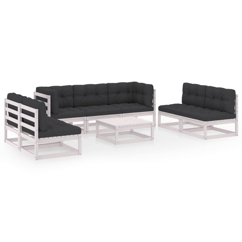 Set mobilier de terasa 8 piese 3 canapele cu masuta cafea, vidaXL, Lemn masiv de pin, Alb/Perne antracit