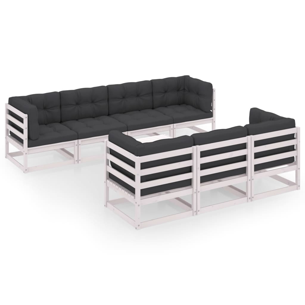 Set mobilier de terasa 8 piese canapele cu perne sezut spatar si masuta cafea, vidaXL, Lemn de pin, Alb/Perne antracit