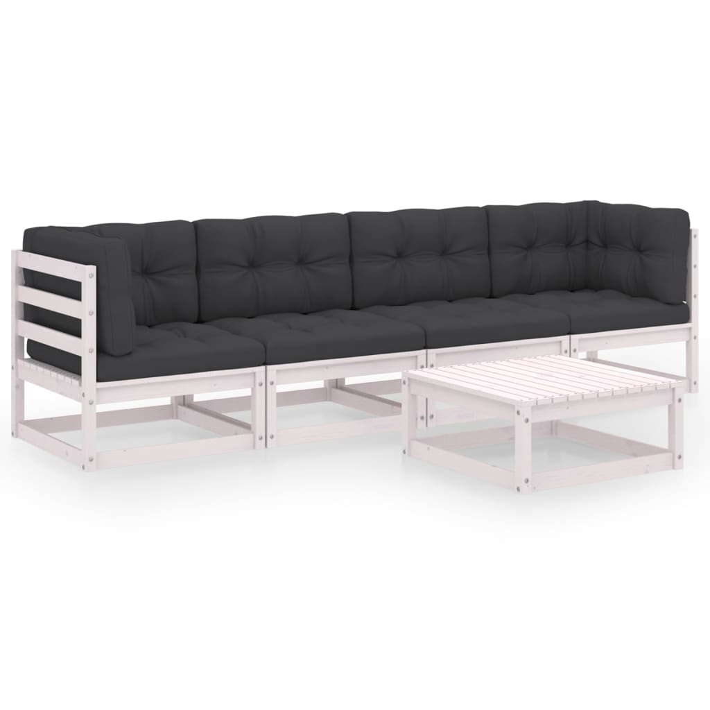 Set mobilier de terasa 5 piese canapea cu perne sezut spatar si masuta cafea, vidaXL, Lemn de pin, Alb/Perne antracit