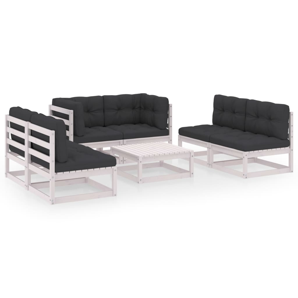 Set mobilier de terasa 7 piese 3 canapele cu masuta, vidaXL, Lemn masiv de pin, Alb si perne antracit