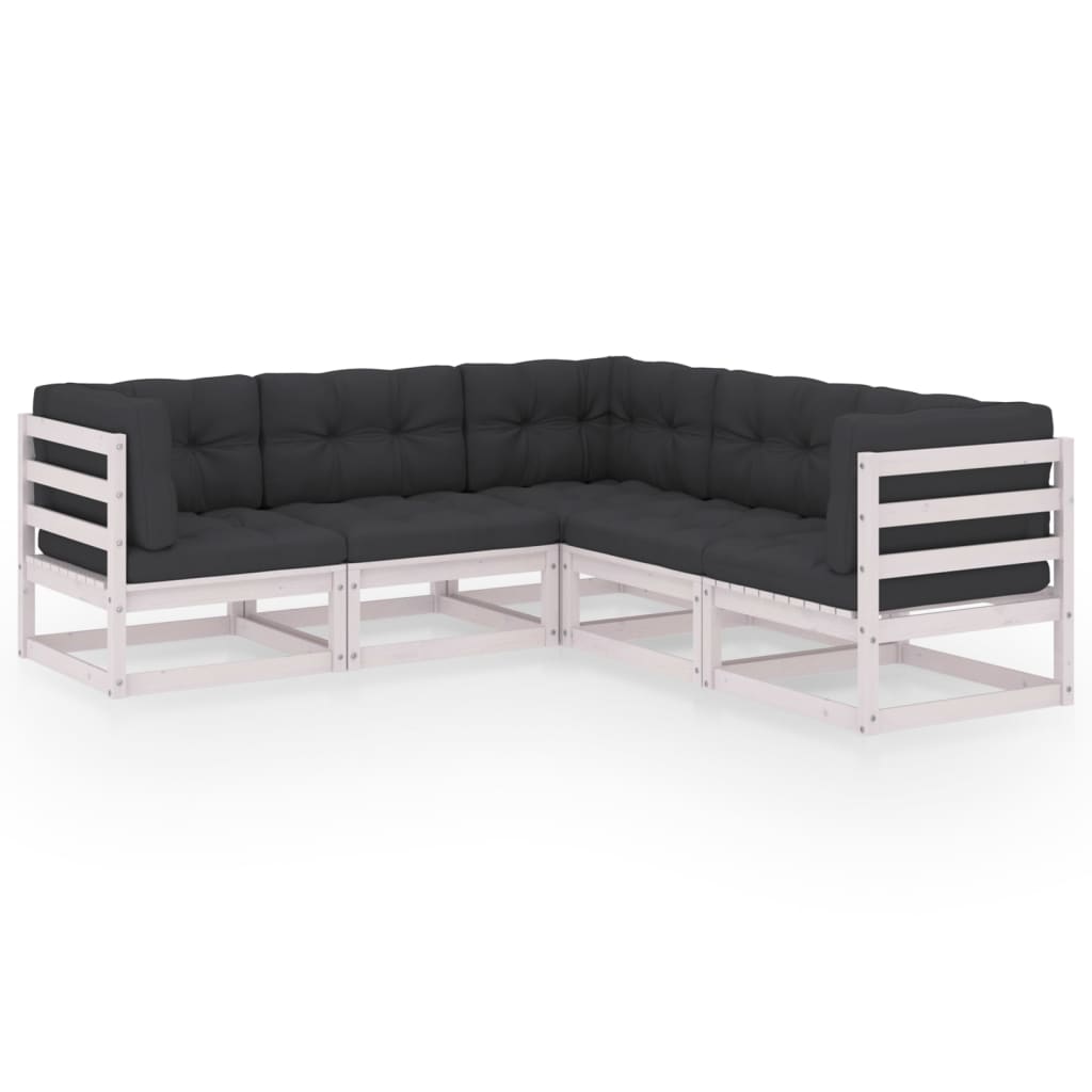Set mobilier de terasa cu perne 5 piese canapea L, vidaXL, Lemn masiv de pin-Poliester, Alb/Perne antracit
