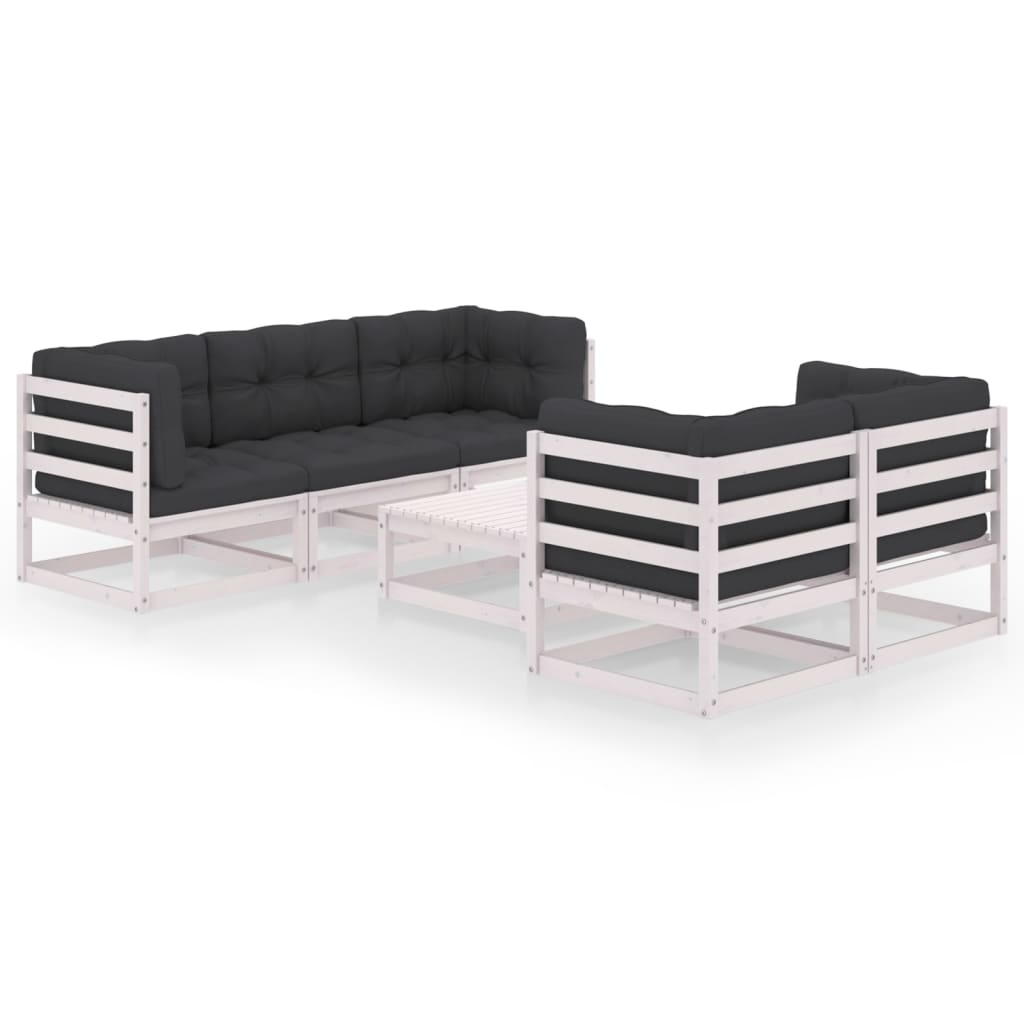 Set mobilier de terasa 6 piese canapele cu masuta cafea si perne, vidaXL, Lemn de pin, Alb si perne antracit