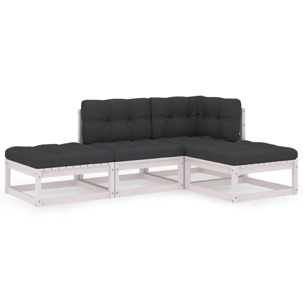 Set mobilier de terasa 4 piese canapea L cu perne sezut si spatar, vidaXL, Lemn masiv de pin, Alb-Perne antracit