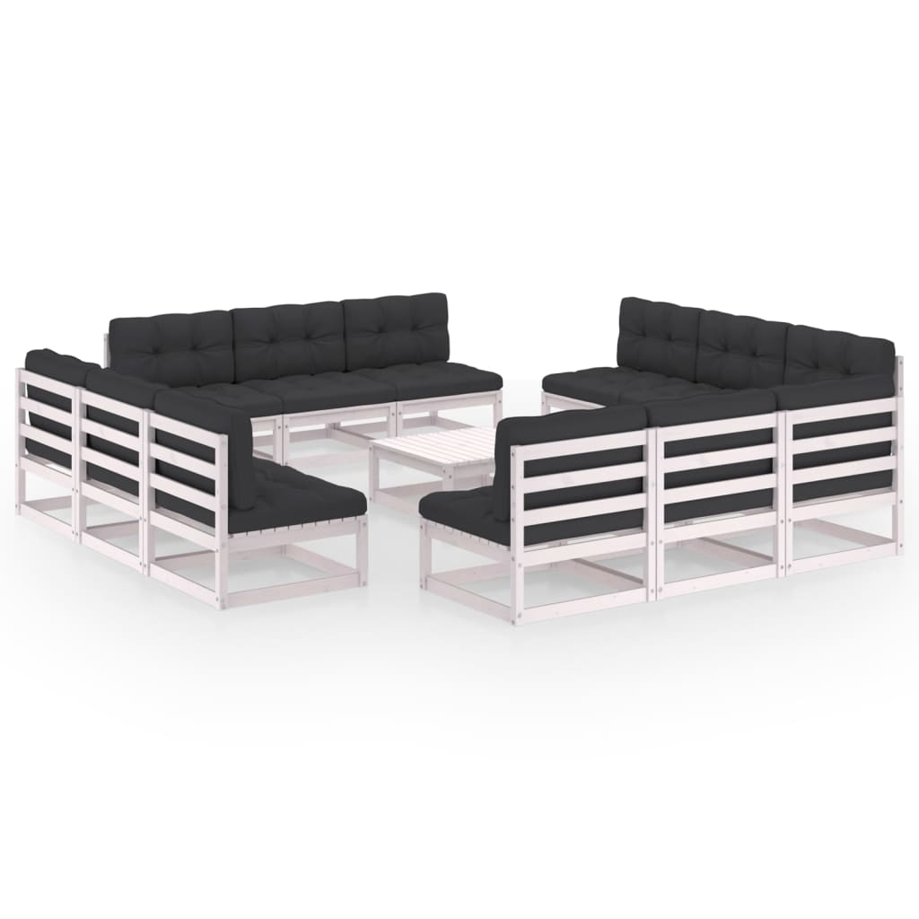 Set mobilier de terasa 13 piese - canapele cu perne sezut si spatar si masuta cafea, vidaXL, Lemn masiv de pin, Alb/Perne antracit