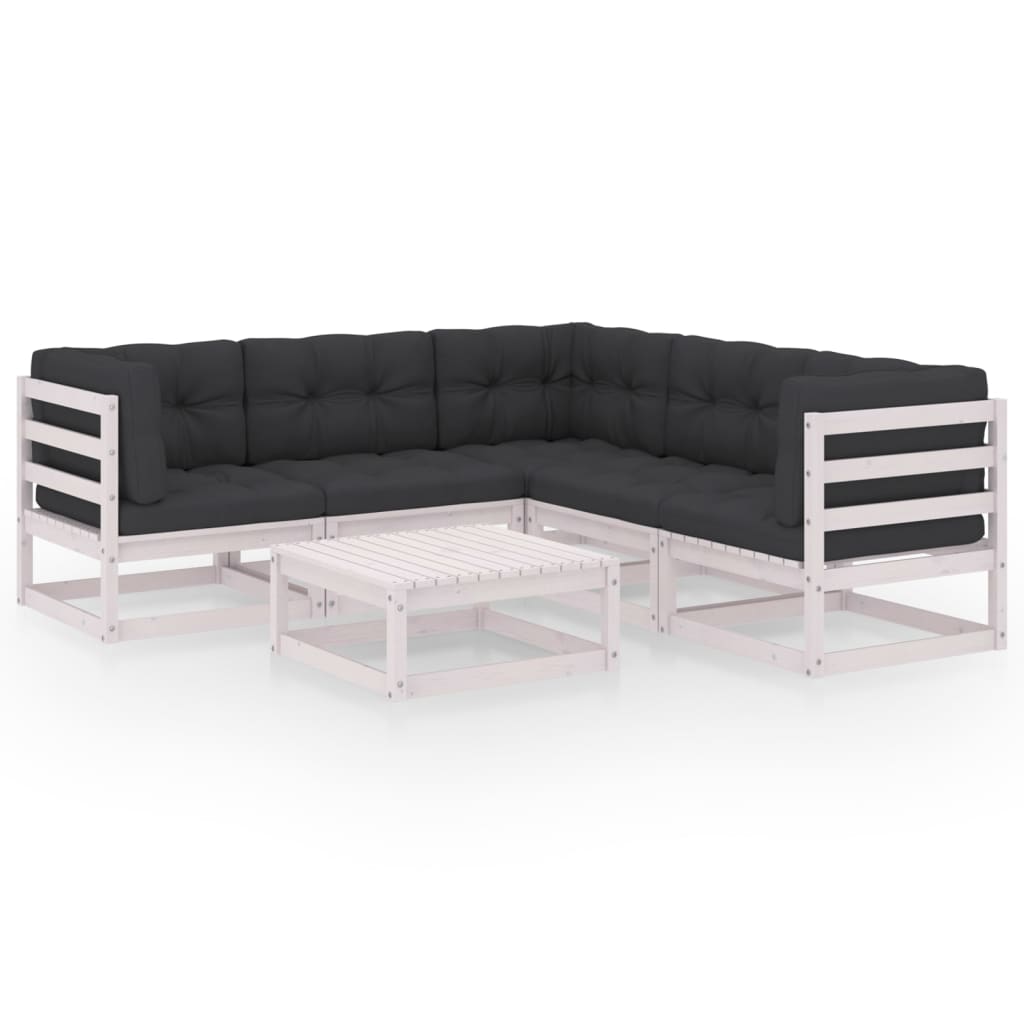 Set mobilier de terasa cu perne 6 piese canapea L cu masuta, vidaXL, Lemn masiv de pin-Poliester, Alb/Perne antracit