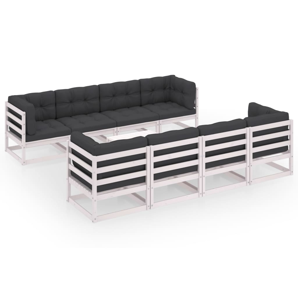 Set mobilier de terasa 9 piese canapele cu perne sezut spatar si masuta cafea, vidaXL, Lemn de pin, Alb/Perne antracit