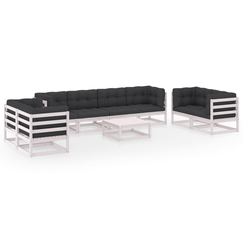 Set mobilier de terasa 9 piese set de 3 canapele cu masuta cafea, vidaXL, Lemn masiv pin-Poliester, Alb/Perne antracit