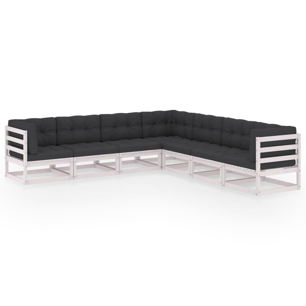 Set mobilier de terasa cu perne 7 piese canapea L, vidaXL, Lemn masiv de pin-Poliester, Alb/Perne antracit