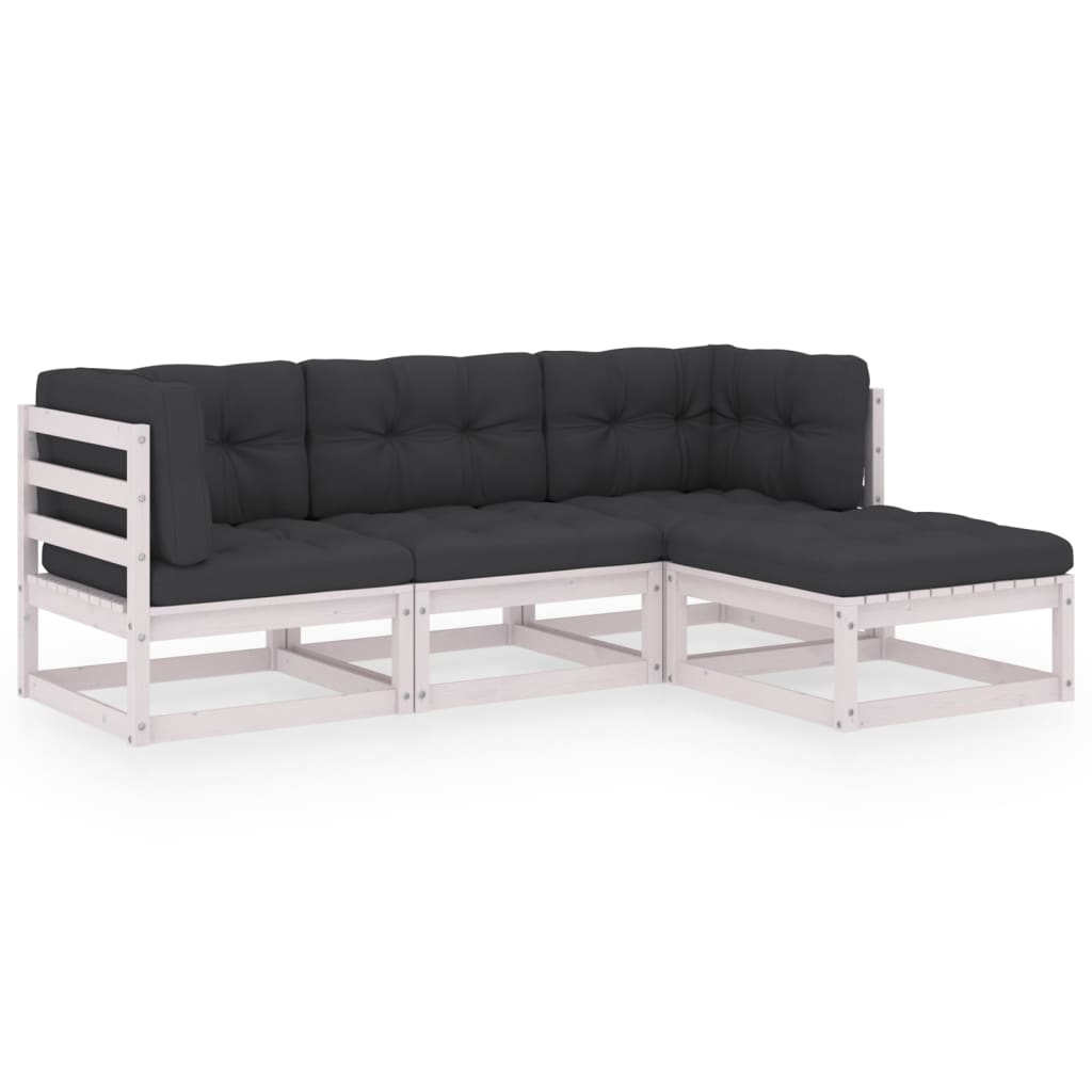 Set mobilier de terasa 4 piese canapea L cu perne, vidaXL, Lemn pin-Poliester, Alb si perne antracit