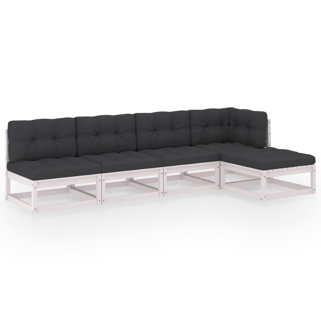 Set mobilier de terasa 5 piese canapea L cu perne, vidaXL, Lemn pin-Poliester, Alb si perne antracit