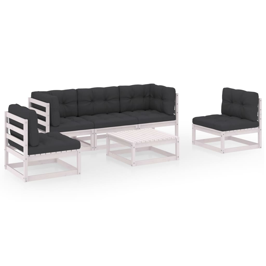 Set mobilier de terasa 6 piese canapea cu 2 fotolii cu masuta cafea, vidaXL, Lemn masiv de pin, Alb si perne antracit
