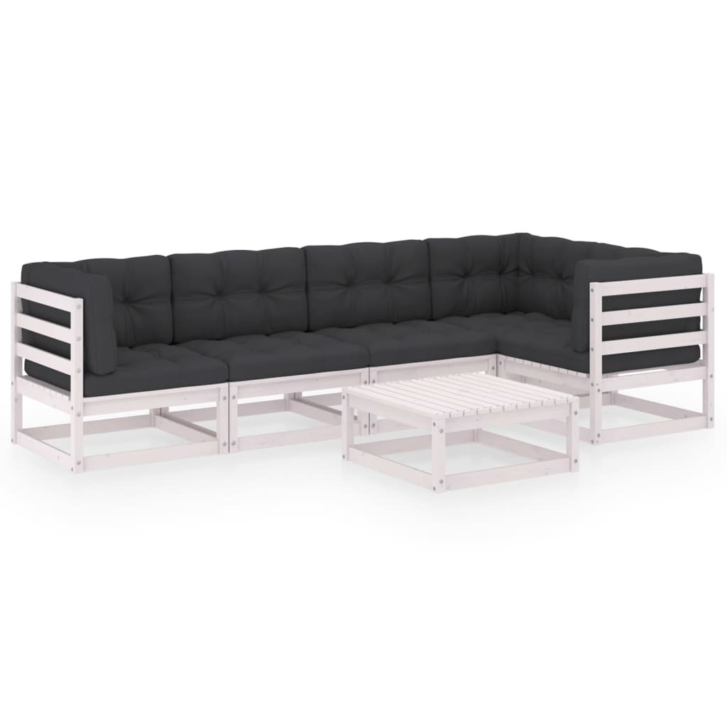 Set mobilier de terasa 6 piese canapea pe colt in L cu masuta, vidaXL, Lemn masiv de pin-Poliester, Alb si perne antracit