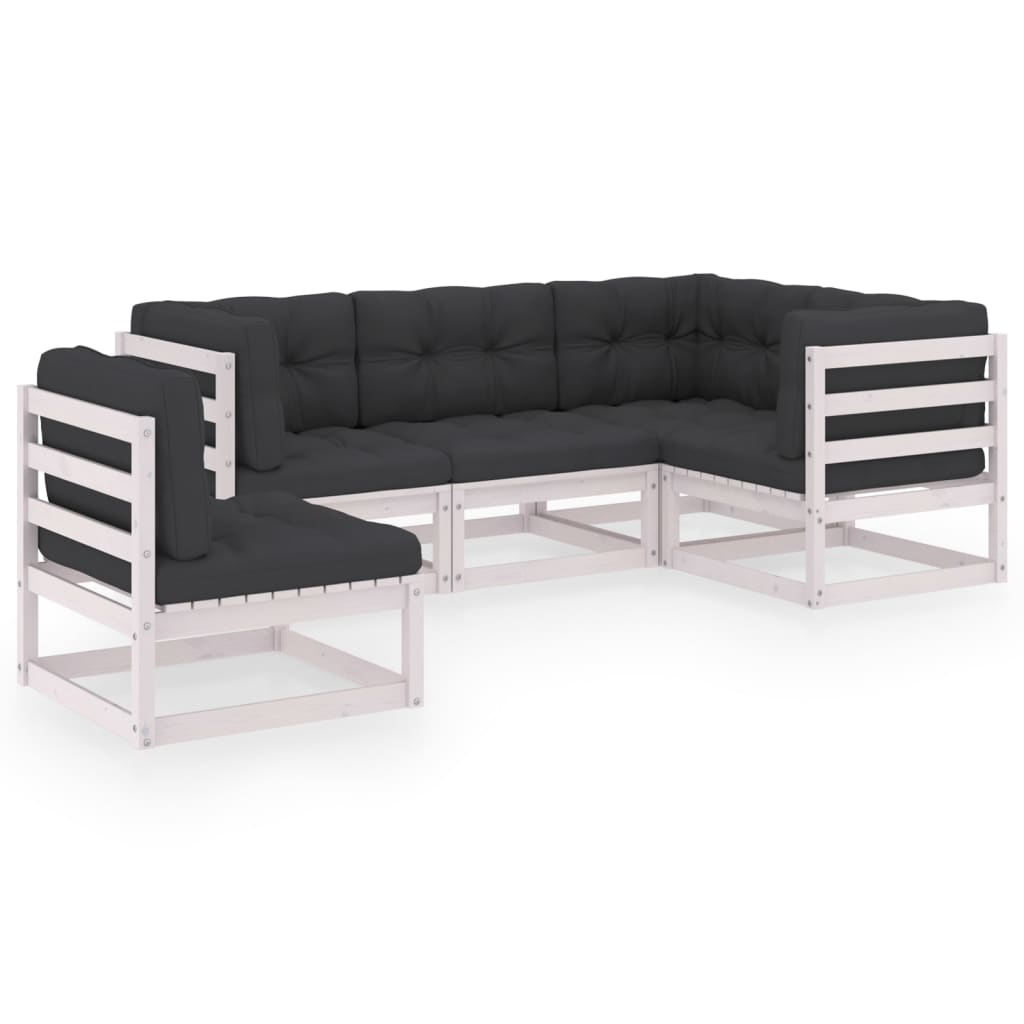 Set mobilier de terasa 5 piese canapea pe colt cu fotoliu, vidaXL, Lemn masiv de pin-Poliester, Alb si perne antracit