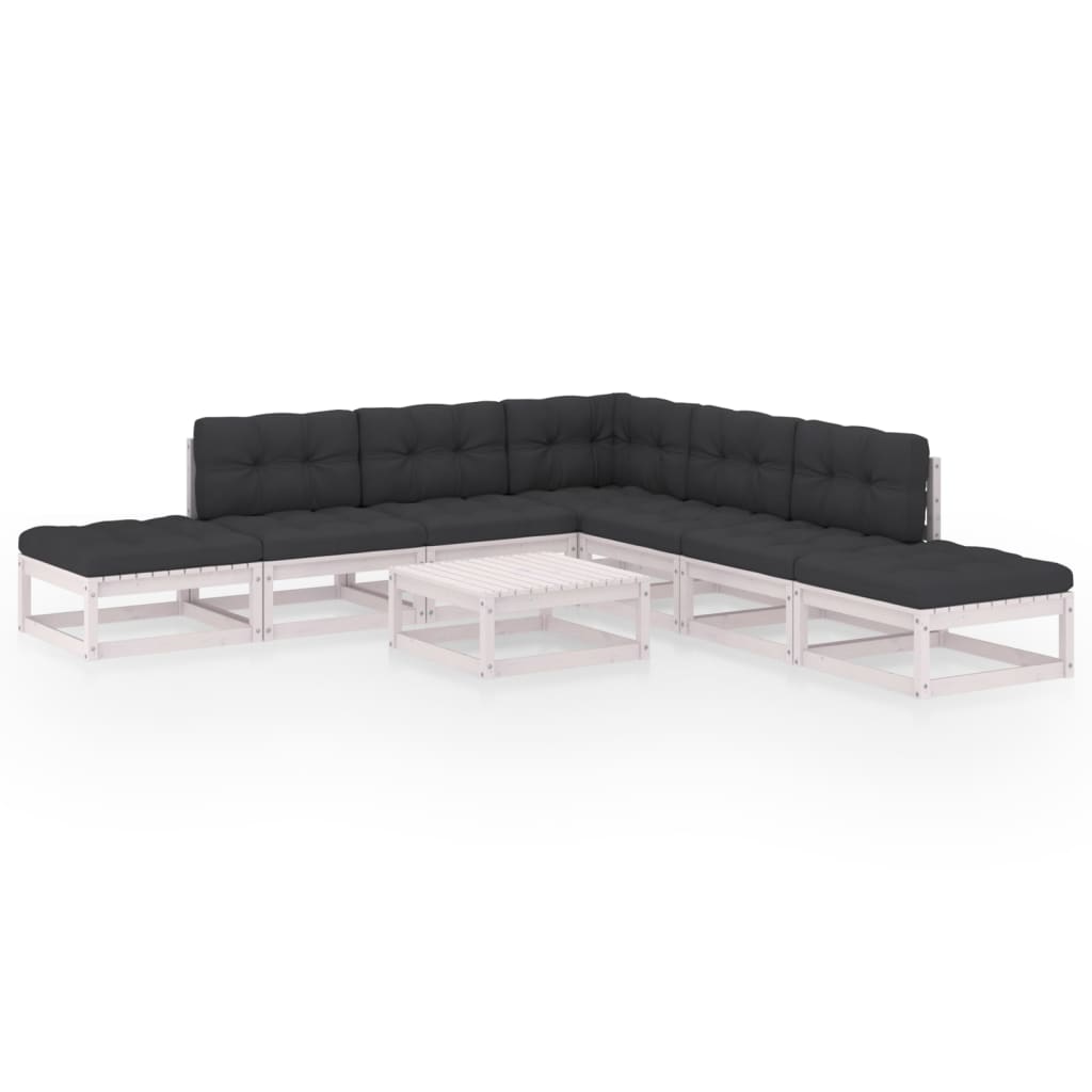 Set mobilier de terasa cu perne 8 piese canapea L cu masuta cafea, vidaXL, Lemn masiv de pin-Poliester, Alb/Perne antracit