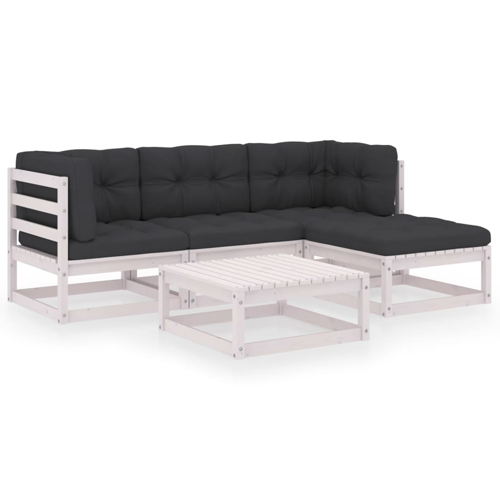 Set mobilier de terasa 5 piese canapea L cu perne si masuta cafea, vidaXL, Lemn pin-Poliester, Alb si perne antracit