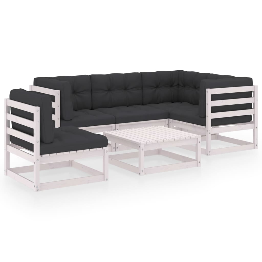 Set mobilier de terasa 6 piese canapea pe colt cu fotoliu si masuta, vidaXL, Lemn masiv de pin-Poliester, Alb si perne antracit