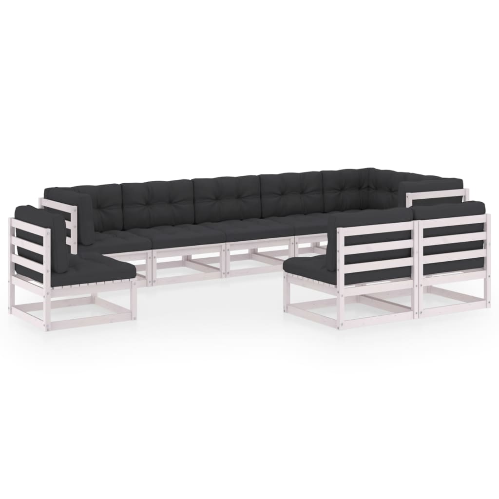 Set mobilier de terasa 9 piese canapea L cu perne si fotolii, vidaXL, Lemn masiv de pin-Poliester, Alb si perne antracit