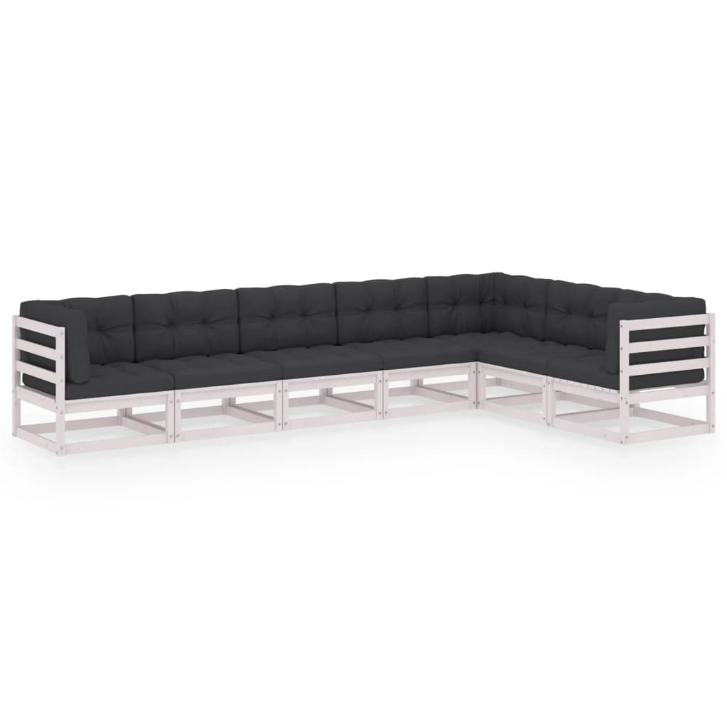 Set mobilier de terasa 7 piese canapea de colt cu perne sezut si spatar, vidaXL, Lemn masiv de pin si Poliester, Alb cu perne antracit