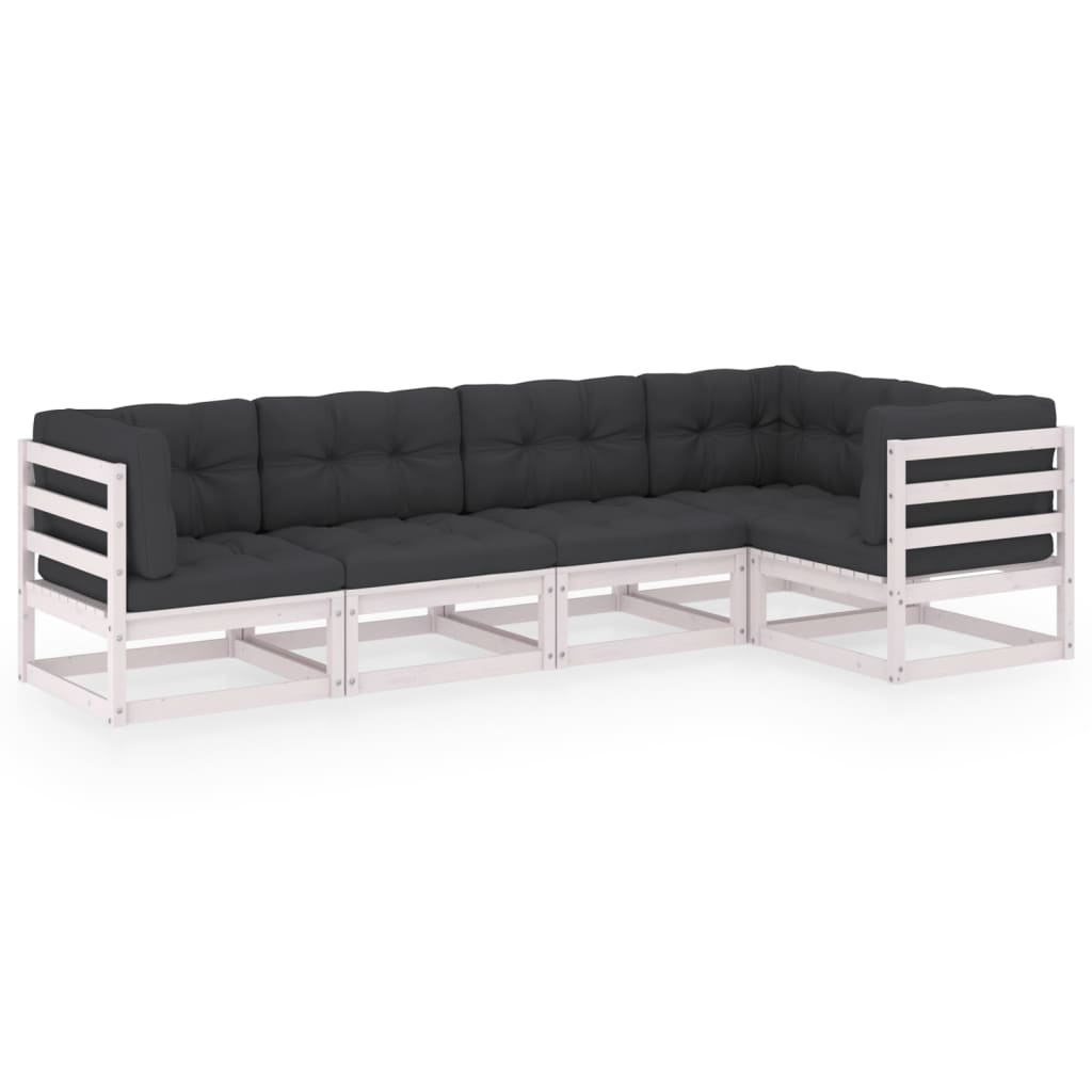 Set mobilier de terasa 5 piese canapea pe colt in L, vidaXL, Lemn masiv de pin-Poliester, Alb si perne antracit