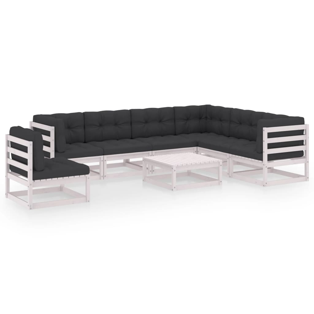 Set mobilier de terasa 8 piese canapea de colt cu perne sezut si spatar cu masuta si fotoliu, vidaXL, Lemn masiv de pin si Poliester, Alb cu perne antracit