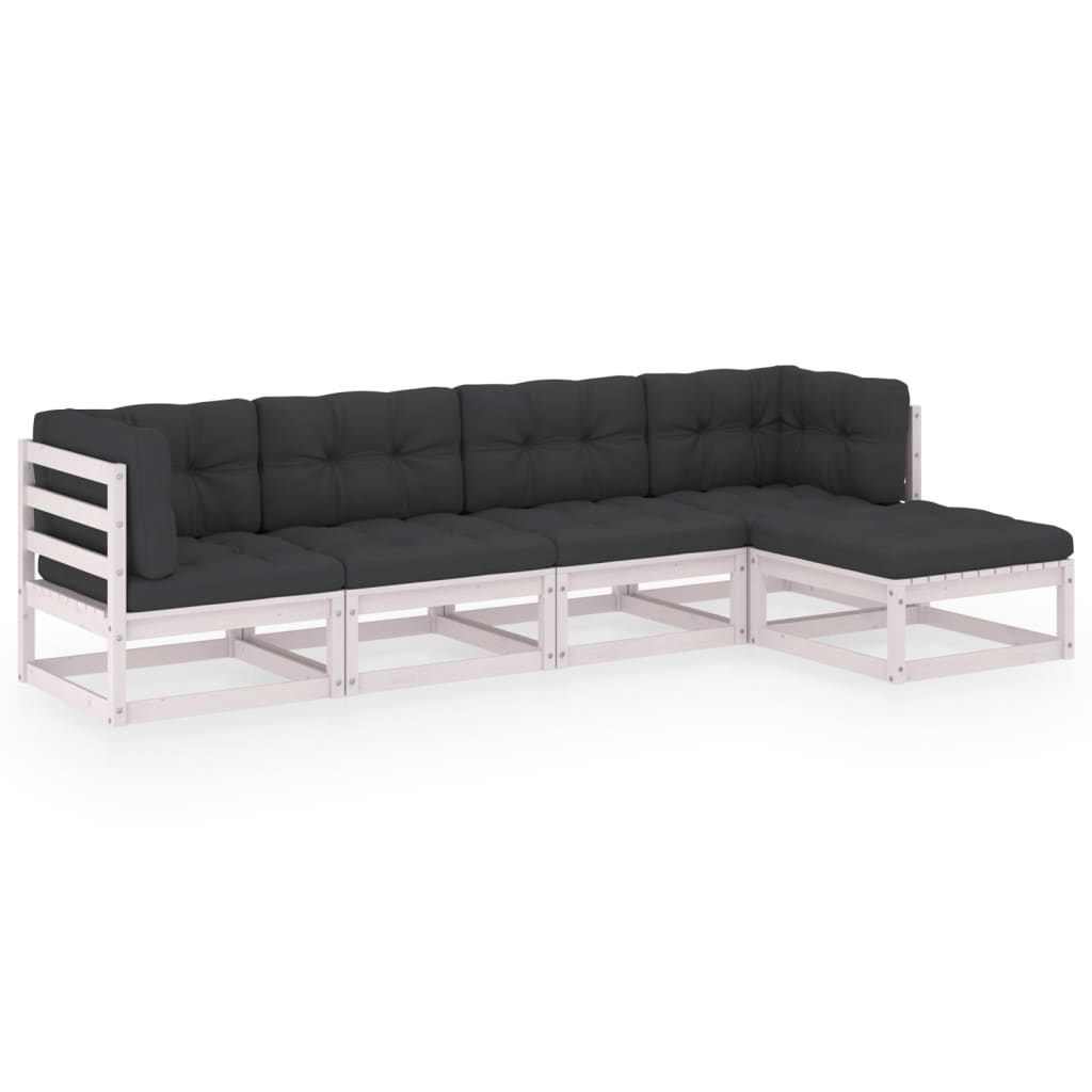 Set mobilier de terasa 5 piese canapea L cu perne, vidaXL, Lemn masiv de pin-Poliester, Alb si perne antracit