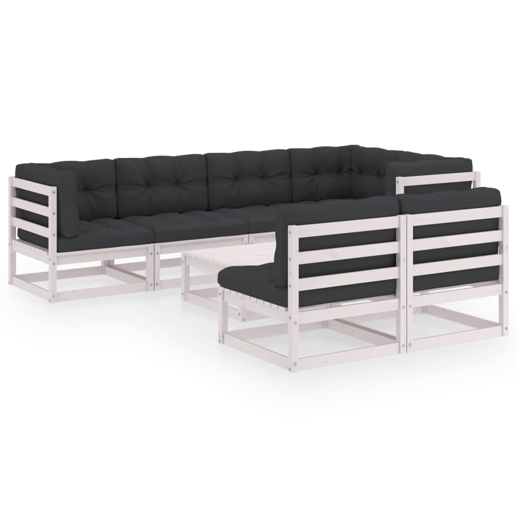 Set mobilier de terasa 8 piese set 2 canapele cu perne si masuta, vidaXL, Lemn masiv de pin-Poliester, Alb si perne antracit